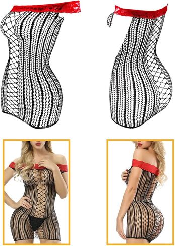 FasiCat Womens Lingerie Fishnet Dress Sexy Lingerie Set, See Through Mini Dress Fishnet Bodysuits Stockings Mesh Babydoll Bodystocking for Women One Size in Kuwait