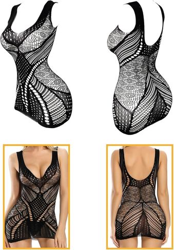 FasiCat Womens Lingerie Fishnet Dress Sexy Lingerie Set, See Through Mini Dress Fishnet Bodysuits Stockings Mesh Babydoll Bodystocking for Women One Size in Kuwait