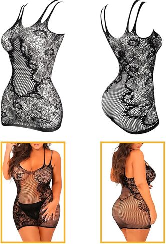 FasiCat Womens Lingerie Fishnet Dress Sexy Lingerie Set, See Through Mini Dress Fishnet Bodysuits Stockings Mesh Babydoll Bodystocking for Women One Size in Kuwait
