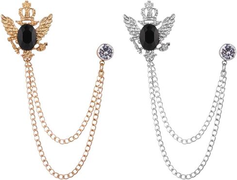 Shuxy 2PCS الرجال بروش سلسلة معلقة بروش الحجر الأسود بالتفصيل مع نقش المعادن كريستال بروش البدلة مسمار طية صدر السترة دبوس حجر الراين دبوس الصدر دبوس بروش الزفاف، الذهب والفضة in Kuwait
