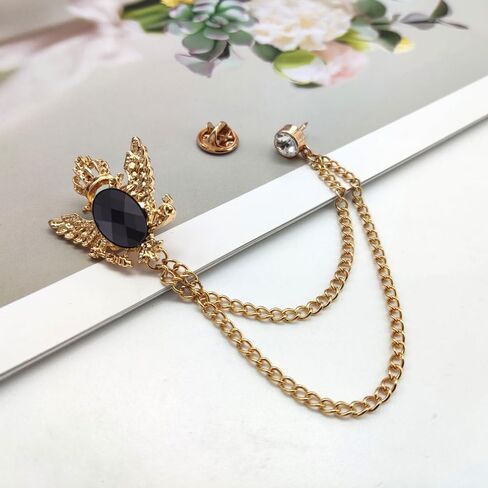 Shuxy 2PCS الرجال بروش سلسلة معلقة بروش الحجر الأسود بالتفصيل مع نقش المعادن كريستال بروش البدلة مسمار طية صدر السترة دبوس حجر الراين دبوس الصدر دبوس بروش الزفاف، الذهب والفضة in Kuwait