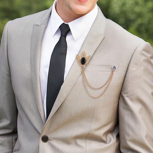 Shuxy 2PCS الرجال بروش سلسلة معلقة بروش الحجر الأسود بالتفصيل مع نقش المعادن كريستال بروش البدلة مسمار طية صدر السترة دبوس حجر الراين دبوس الصدر دبوس بروش الزفاف، الذهب والفضة in Kuwait