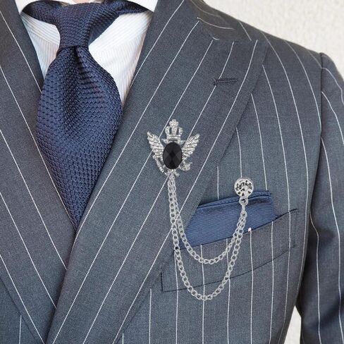 Shuxy 2PCS الرجال بروش سلسلة معلقة بروش الحجر الأسود بالتفصيل مع نقش المعادن كريستال بروش البدلة مسمار طية صدر السترة دبوس حجر الراين دبوس الصدر دبوس بروش الزفاف، الذهب والفضة in Kuwait