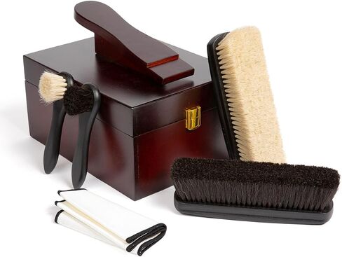 مجموعة تلميع الأحذية الجلدية من ليذر هيرو - مجموعة تلميع الأحذية الفاخرة للرجال مع صندوق خشبي لتلميع الأحذية، وفرشاة احترافية لشعر الخيل، وأدوات تطبيق، وقماش لامع - مجموعة كاملة لتلميع الأحذية in Kuwait