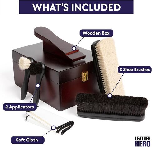 مجموعة تلميع الأحذية الجلدية من ليذر هيرو - مجموعة تلميع الأحذية الفاخرة للرجال مع صندوق خشبي لتلميع الأحذية، وفرشاة احترافية لشعر الخيل، وأدوات تطبيق، وقماش لامع - مجموعة كاملة لتلميع الأحذية in Kuwait
