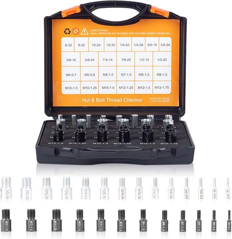 مدقق خيط الصواميل والترباس - صندوق فحص الخيط العملي - سهل الاستخدام لمدقق الخيط القياسي والمتري - صندوق قياس معرف الترباس والصواميل المضغوط - 44 مقياسًا للذكور / الإناث in Kuwait