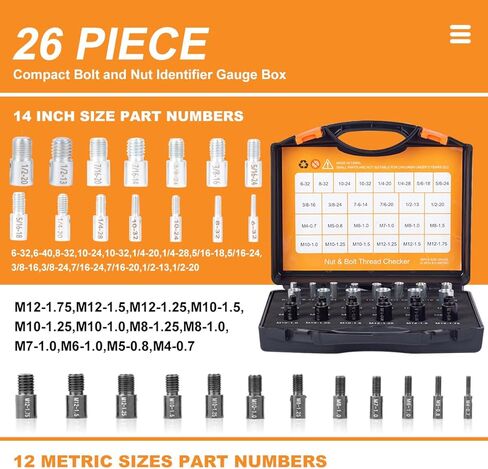 مدقق خيط الصواميل والترباس - صندوق فحص الخيط العملي - سهل الاستخدام لمدقق الخيط القياسي والمتري - صندوق قياس معرف الترباس والصواميل المضغوط - 44 مقياسًا للذكور / الإناث in Kuwait