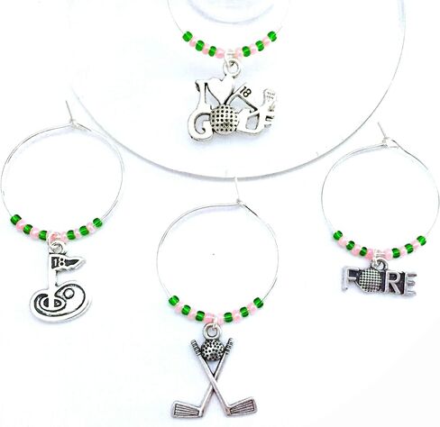 Ladies Golf wine charms, Perfect wine gift for Female Golf Enthusiast in your life. Includes I Love Golf, Fore, Golf Cart, 18th Hole, and Clubs with Golf ball charms. Set of 5. GREEN AND PINK BEADS. in Saudi Arabia