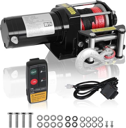 ونش كهربائي FULLWATT 3000 رطل، 12 فولت تيار مستمر ونش حبل نايلون مقاوم للماء لقارب UTV ATV، ونش لاسلكي محمول عن بعد وتحكم سلكي in Kuwait