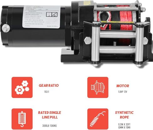 ونش كهربائي FULLWATT 3000 رطل، 12 فولت تيار مستمر ونش حبل نايلون مقاوم للماء لقارب UTV ATV، ونش لاسلكي محمول عن بعد وتحكم سلكي in Kuwait