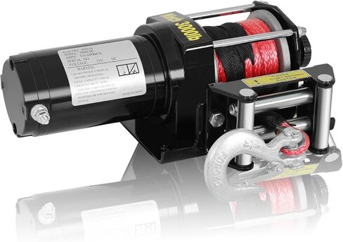 ونش كهربائي FULLWATT 3000 رطل، 12 فولت تيار مستمر ونش حبل نايلون مقاوم للماء لقارب UTV ATV، ونش لاسلكي محمول عن بعد وتحكم سلكي in Kuwait