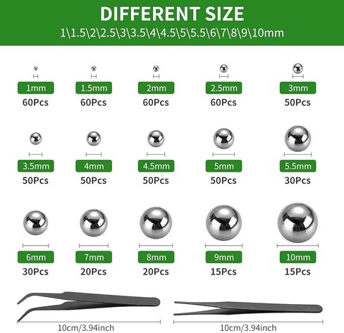 Litorange 620 Pieces 15 Size 1-10MM Metric Precision Chrome Steel Assorted Loose Bicycle Bearing Ball Assortment Kit with 2pcs Black Precision Tweezer in Saudi Arabia