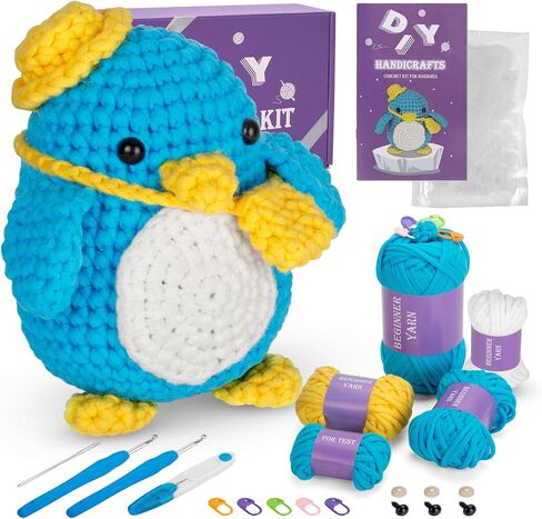 Auoinge Crochet Kit for Beginners Kids Adults, Crochet Animal Kit with Step-by-Step Video Tutorials, Learn to Crochet Starter Amigurumi Kit, Easy Knitting Soft Yarn Birthday Gift Penguin in Saudi Arabia