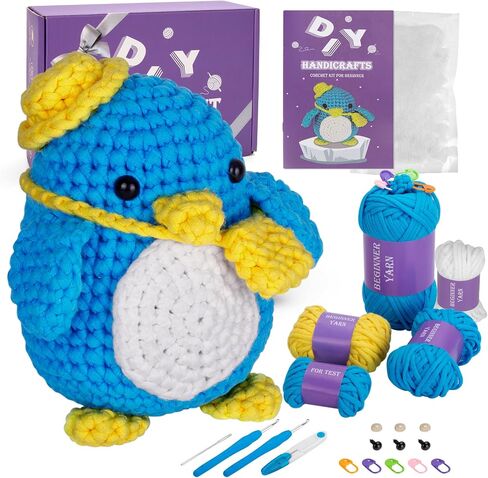 Auoinge Crochet Kit for Beginners Kids Adults, Crochet Animal Kit with Step-by-Step Video Tutorials, Learn to Crochet Starter Amigurumi Kit, Easy Knitting Soft Yarn Birthday Gift Penguin in Saudi Arabia