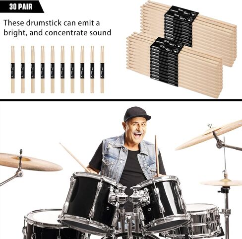 30 زوجًا من أعواد الطبل من Fiada، أعواد طبلة كبيرة من خشب القيقب 5A، أعواد طبلة خشب القيقب الكلاسيكية، أعواد إيقاع للبالغين والأطفال، ملحقات طبلة الطبول in Kuwait