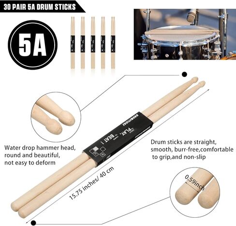 30 زوجًا من أعواد الطبل من Fiada، أعواد طبلة كبيرة من خشب القيقب 5A، أعواد طبلة خشب القيقب الكلاسيكية، أعواد إيقاع للبالغين والأطفال، ملحقات طبلة الطبول in Kuwait