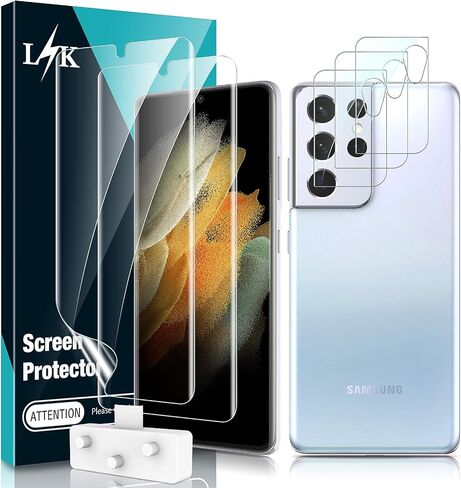 [2+3 Pack] LϟK Designed for Samsung Galaxy S21 5G (Not for S21 Plus), 2 Pack Tempered Glass Screen Protector + 3 Pack Camera Lens Protector, Case Friendly, Installation Tray -Gray in Saudi Arabia