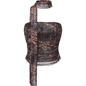 Women's Leopard Print Tube Top Cheetah Print Top Ruched Strapless Mesh Halter Tops for Women Going Out Party in Kuwait