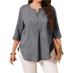 OYOANGLE Women's Plus Size Striped Half Sleeve Tunic Blouse Notched V Neck Curved Hem Shirt Top in Saudi Arabia