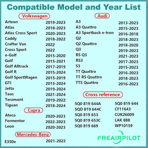 فلتر هواء المقصورة Freairpilot CF11643، بديل لأودي A3، Q2، Q3، S3، TT/Cupra Ateca، Formentor، Leon/Mercedes-Benz E350e/Volkswagen؛ OEM # ACF028، CUK26009، WP10159،5Q0 819 644. in Kuwait