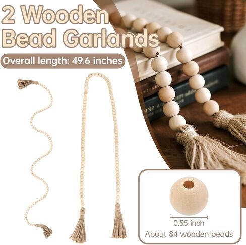 Wood Bead Garland with Tassels - 2PCS Farmhouse Rustic Country Decorative Beads Home Decor, Natural Color, 50inch 14mm 84 Round,Boho,Farmhouse Beads Wall Hanging Decor in Saudi Arabia
