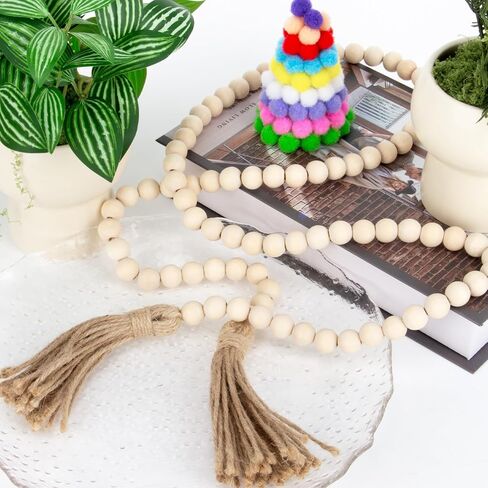 Wood Bead Garland with Tassels - 2PCS Farmhouse Rustic Country Decorative Beads Home Decor, Natural Color, 50inch 14mm 84 Round,Boho,Farmhouse Beads Wall Hanging Decor in Saudi Arabia