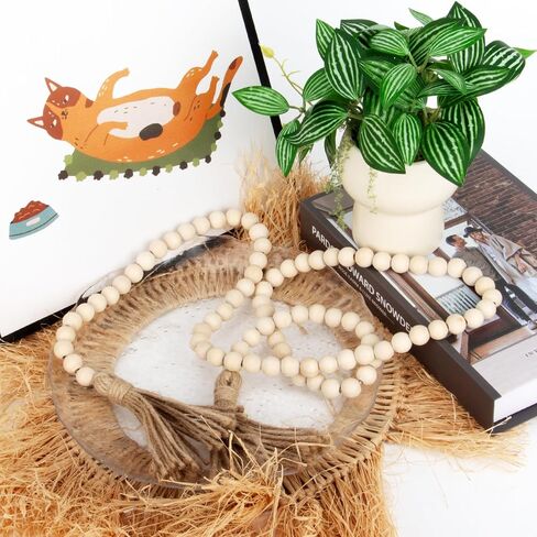 Wood Bead Garland with Tassels - 2PCS Farmhouse Rustic Country Decorative Beads Home Decor, Natural Color, 50inch 14mm 84 Round,Boho,Farmhouse Beads Wall Hanging Decor in Saudi Arabia