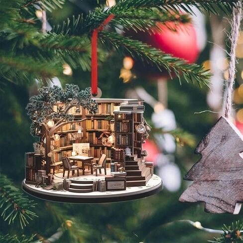 1pc Christmas Bookstore Ornament Bookgift for Book Lovers, Book Lover Christmas Ornament, Books Stacked Hanging, 2D Flat Acrylic Bookgift for Party Decorations in Saudi Arabia