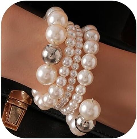 Chunky Pearl Bracelets for Women Stackable Pearl Beaded Bangle Bracelets Retro Wedding Party Jewelry in Saudi Arabia