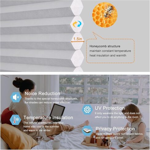 ظلال خلوية بحجم مخصص من MYshade، ستائر نوافذ لاسلكية لتصفية الضوء لغرفة النوم والحمام وغرفة المعيشة، 1.5 بوصة على شكل قرص العسل، ظلال نافذة شفافة مخصصة، سهلة التركيب، بيج in Kuwait