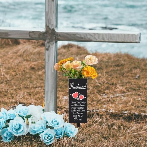 Husband Cemetery Vases for Grave, Metal Cemetery Grave Flower Vase with Stake, Husband Grave Cemetery Decorations, Metal Memorial Grave Markers, Graveside Decor Sign for Grave Outdoor Yard in Saudi Arabia