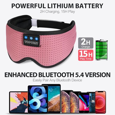 Sleep Mask with Bluetooth Headphones Wireless, TOPOINT 3D Eye Mask for Sleeping Headphones Women Men with Noise Canceling Earbuds, Thin Speaker, Blackout, 15 Hours for Travel, Meditation, CPAP Users in Kuwait