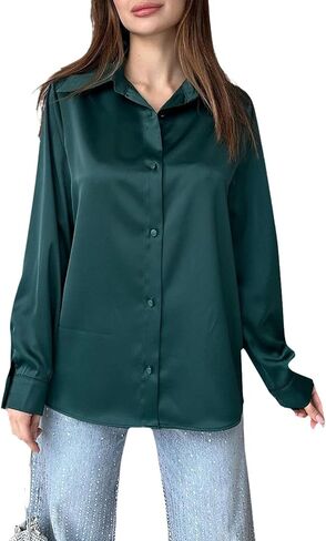 قمصان نسائية من الساتان بأزرار سفلية كاجوال بأكمام طويلة وقميص عمل وبلوزات علوية in Kuwait