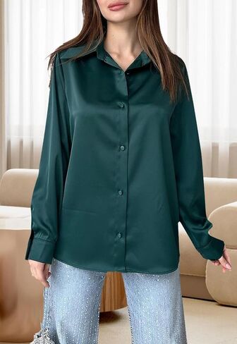 قمصان نسائية من الساتان بأزرار سفلية كاجوال بأكمام طويلة وقميص عمل وبلوزات علوية in Kuwait