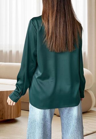 قمصان نسائية من الساتان بأزرار سفلية كاجوال بأكمام طويلة وقميص عمل وبلوزات علوية in Kuwait