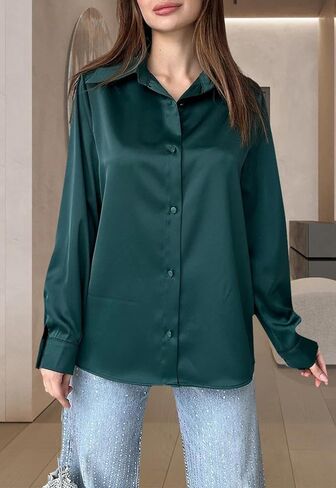 قمصان نسائية من الساتان بأزرار سفلية كاجوال بأكمام طويلة وقميص عمل وبلوزات علوية in Kuwait