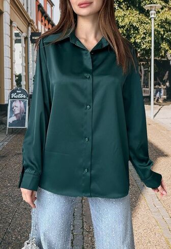 قمصان نسائية من الساتان بأزرار سفلية كاجوال بأكمام طويلة وقميص عمل وبلوزات علوية in Kuwait