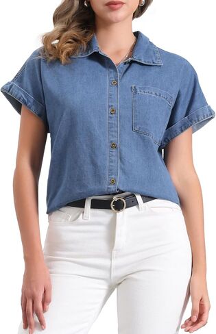 Allegra K Women's Denim Shirt Short Sleeve Button Down Classic Jean Shirt Summer Tops in Saudi Arabia