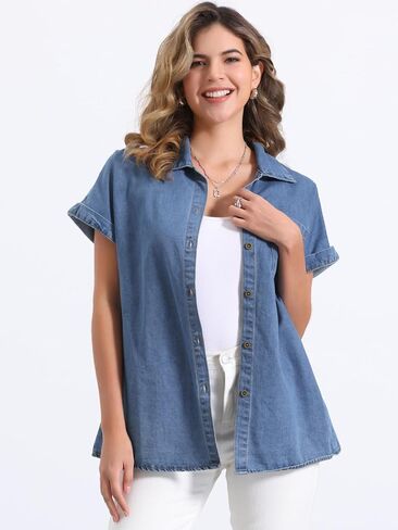 Allegra K Women's Denim Shirt Short Sleeve Button Down Classic Jean Shirt Summer Tops in Saudi Arabia