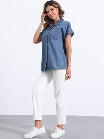 Allegra K Women's Denim Shirt Short Sleeve Button Down Classic Jean Shirt Summer Tops in Saudi Arabia