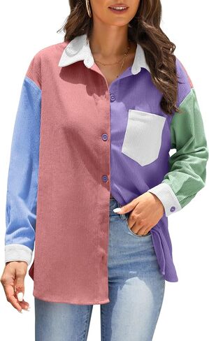 Jouica Womens 2024 Fashion Corduroy Button Down Shirts Boyfriend Long Sleeve Oversized Blouses Tops in Saudi Arabia