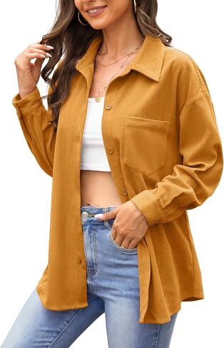 Jouica Womens 2024 Fashion Corduroy Button Down Shirts Boyfriend Long Sleeve Oversized Blouses Tops in Saudi Arabia