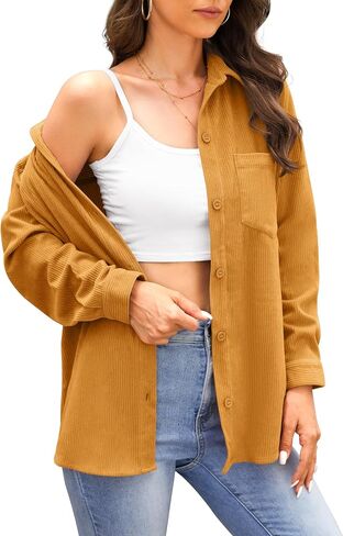 Jouica Womens 2024 Fashion Corduroy Button Down Shirts Boyfriend Long Sleeve Oversized Blouses Tops in Saudi Arabia
