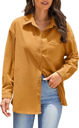 Jouica Womens 2024 Fashion Corduroy Button Down Shirts Boyfriend Long Sleeve Oversized Blouses Tops in Saudi Arabia