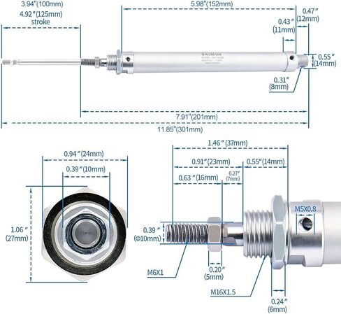 Baomain Mini Air Cylinder MAL 32 X 175 1-1/4" PT 1/8 Bore 7" Stroke Single Male Thread Rod Dual Action in Saudi Arabia