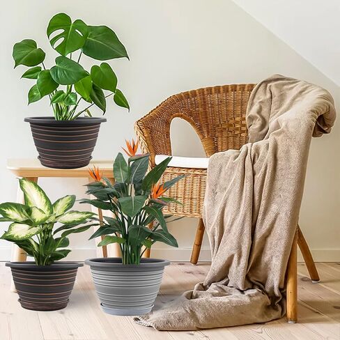 Plant Pots Indoor with Saucers & Drainage - 4 Pack Flower Pots for Indoor Plants- Plastic Planters for Outdoor Planter - 8.5/7.5/6.5/6 inches Sizes for All Different Types of Plants (Black) in Kuwait