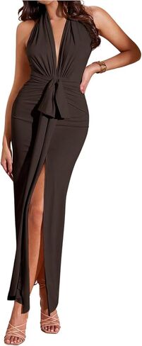Floerns Women's Deep V Neck Halter Dress Bow Ruched Split Evening Bodycon Maxi Dresses in Saudi Arabia