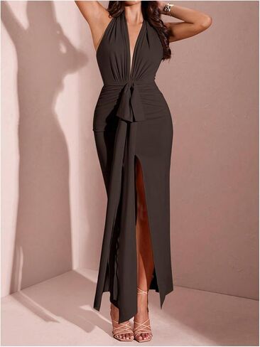 Floerns Women's Deep V Neck Halter Dress Bow Ruched Split Evening Bodycon Maxi Dresses in Saudi Arabia