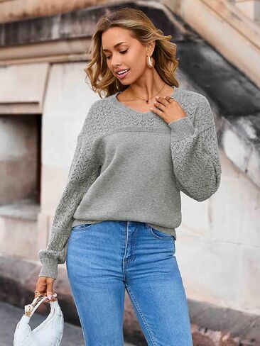 Glamaker Womens Fall Sweaters 2025 V Neck Casual Cable Knit Long Sleeve Pullover Crochet Outfits Cotton Top in Saudi Arabia