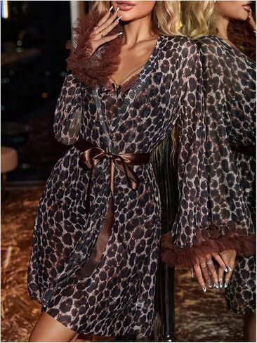 SHENHE Women's 3 Piece Leopard Pajama Set Mesh Lace Crop Top and Shorts Pjs with Bow Robe Sleepwear in Saudi Arabia